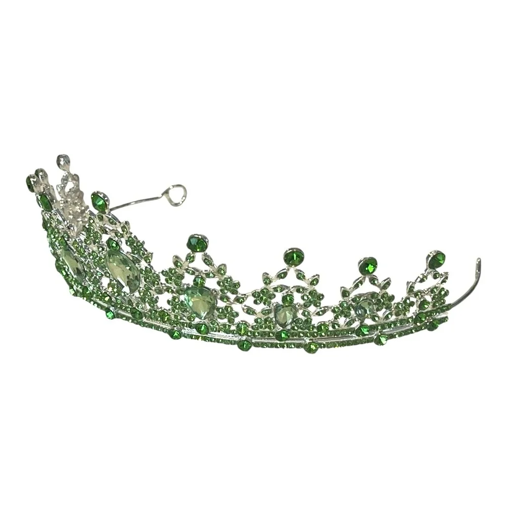 New Beautiful Silver Tone Green Rhinestone Tiara Crown Queen Pageant Birthday